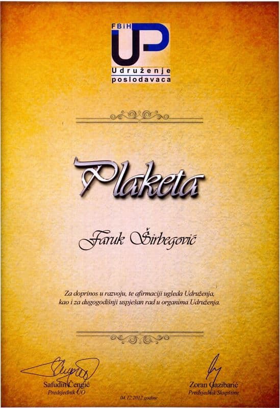 Plaketa Udruženja Poslodavaca FBiH