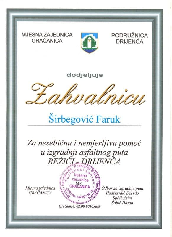 MZ Gračanica - Zahvalnica za Izgradnju Puta