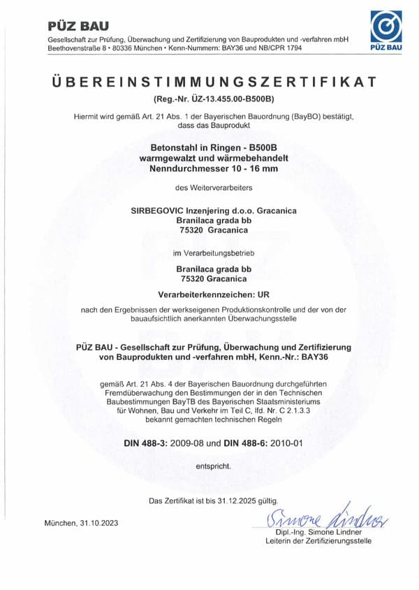 Zertifikat B500B — Širbegović Gračanica