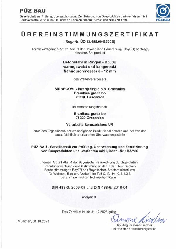 SI-Zertifikat DIN 488-3 B500B (8–12 mm) — valid until 31.12.2025.