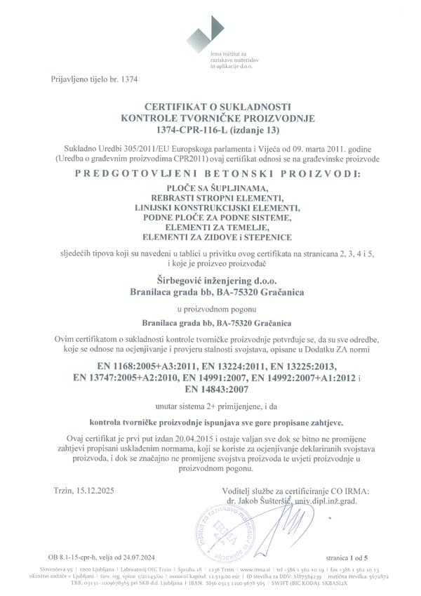 Factory Production Control Certificate — BIH (13th edition)