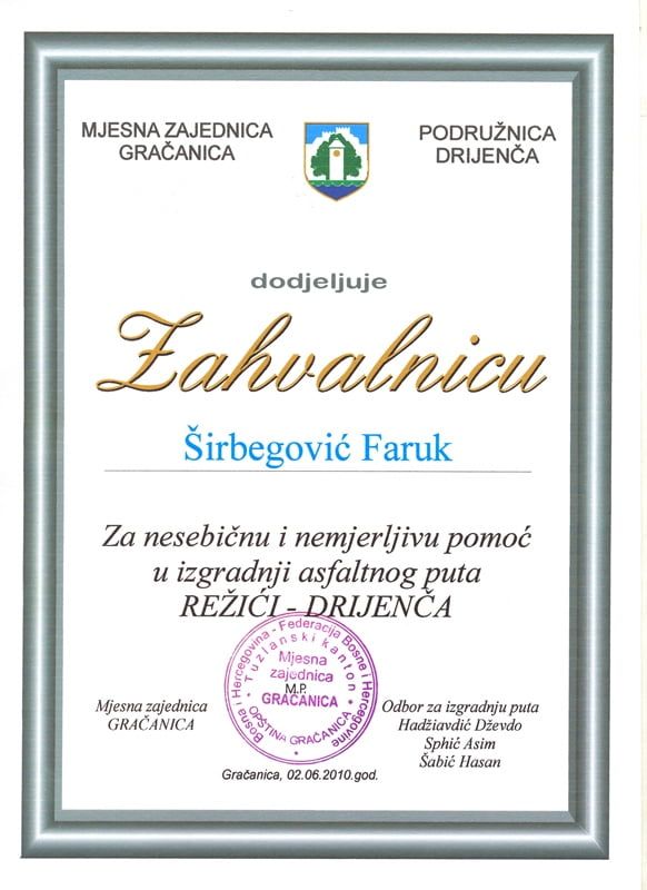 MZ Gračanica - Zahvalnica za Izgradnju Puta