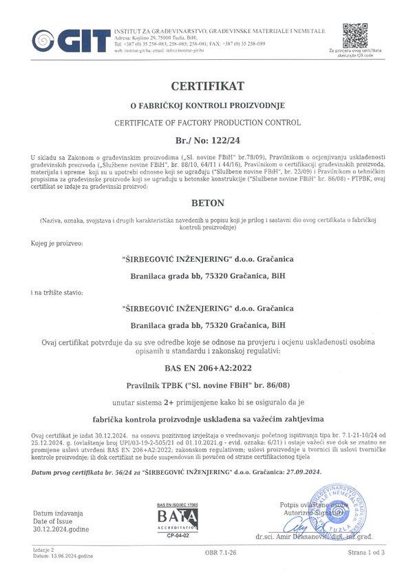 Certifikat o fabričkoj kontroli proizvodnje — Beton (GIT)