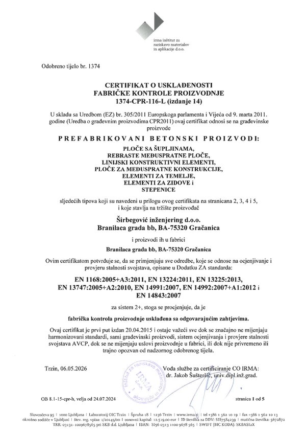 Certifikat kontrole tvorničke proizvodnje — BIH (14. izdanje)