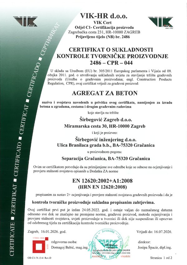 Certifikat agregata — VIK-HR