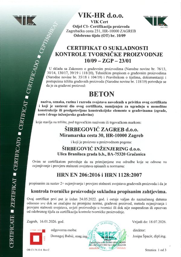 Certifikat betona — VIK-HR